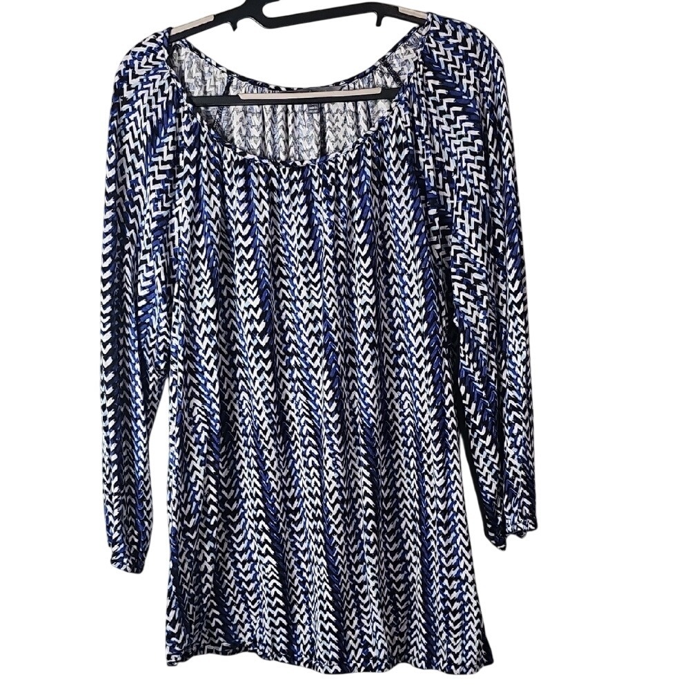 Daisy Fuentes Boho Style Blue Black White Blouse Women's Relaxed Fit Size Large